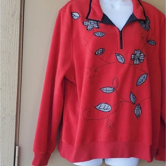 Vintage 1990s Grandma Core Red Checkered 1/4 Zip floral Fleece Pullover - Picture 4 of 10